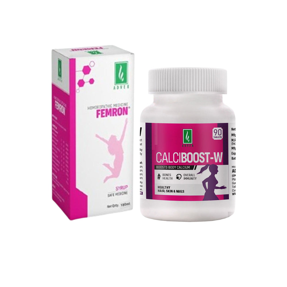 Combo: Calciboost - W 90 Tablet & Femeron Syrup 180ml | Bone Strength & Growth Support | Women’s Wellness & Cycle Comfort | Daily Care for Strong Bones, Teeth & Vitality - Adven