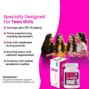 Combo: Calciboost - W 90 Tablet & Femeron Syrup 180ml | Bone Strength & Growth Support | Women’s Wellness & Cycle Comfort | Daily Care for Strong Bones, Teeth & Vitality - Adven