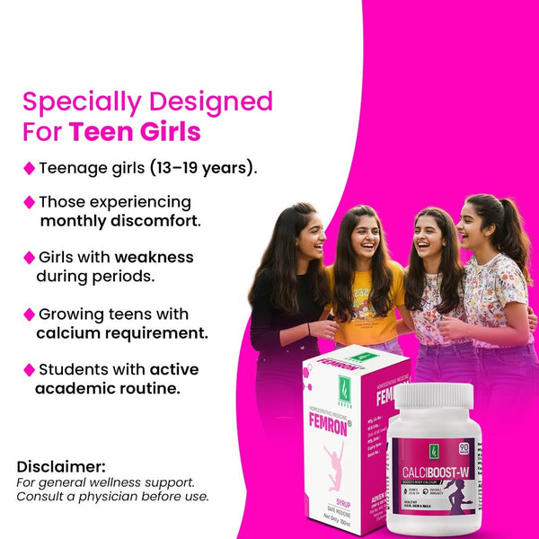 Combo: Calciboost - W 90 Tablet & Femeron Syrup 180ml | Bone Strength & Growth Support | Women’s Wellness & Cycle Comfort | Daily Care for Strong Bones, Teeth & Vitality - Adven