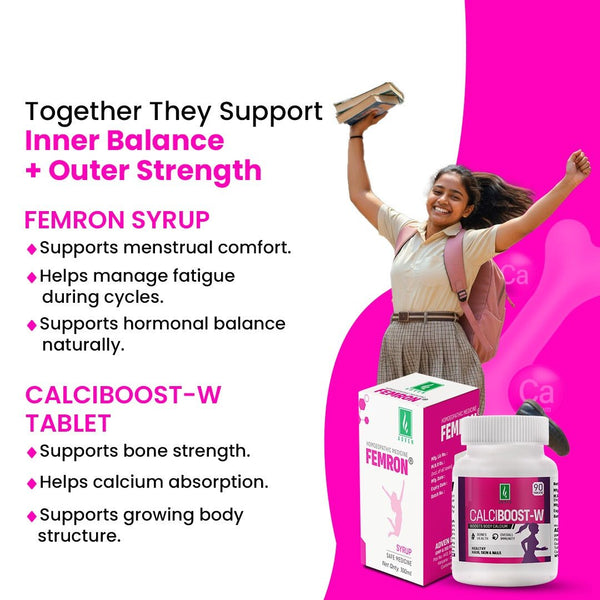 Combo: Calciboost - W 90 Tablet & Femeron Syrup 180ml | Bone Strength & Growth Support | Women’s Wellness & Cycle Comfort | Daily Care for Strong Bones, Teeth & Vitality - Adven