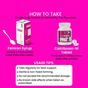Combo: Calciboost - W 90 Tablet & Femeron Syrup 180ml | Bone Strength & Growth Support | Women’s Wellness & Cycle Comfort | Daily Care for Strong Bones, Teeth & Vitality - Adven