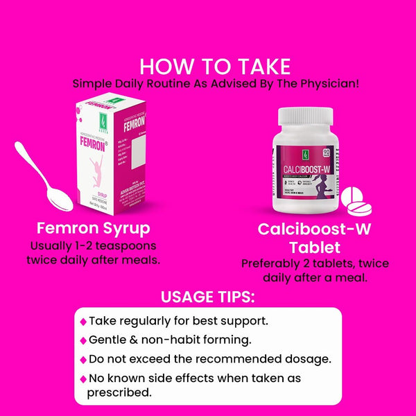 Combo: Calciboost - W 90 Tablet & Femeron Syrup 180ml | Bone Strength & Growth Support | Women’s Wellness & Cycle Comfort | Daily Care for Strong Bones, Teeth & Vitality - Adven