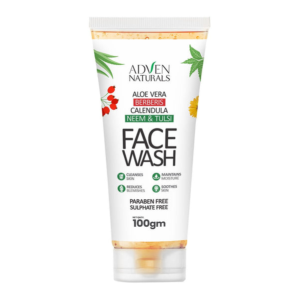 Adven Naturals Face Wash with Aloe vera, Berberis, Calendula, Neem & Tulsi | Paraben Free | Sulphate Free | All Skin Types - 100 GM - Adven
