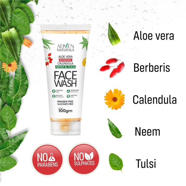 Adven Naturals Face Wash with Aloe vera, Berberis, Calendula, Neem & Tulsi | Paraben Free | Sulphate Free | All Skin Types - 100 GM - Adven